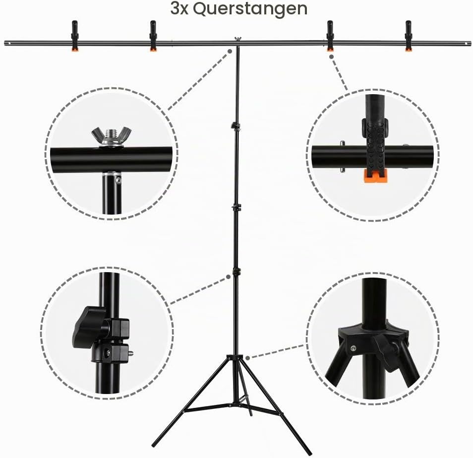 Hintergrundständer T Form 2 x 2,6 m Verstellbarer Hintergrundständer mit DREI Abschnitte Querstange