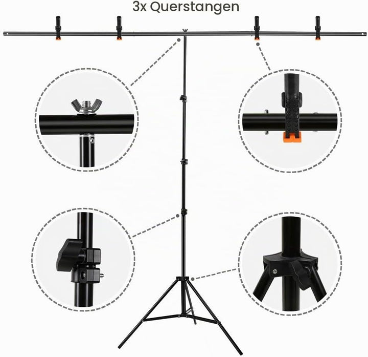 Hintergrundständer T Form 2 x 2,6 m Verstellbarer Hintergrundständer mit DREI Abschnitte Querstange