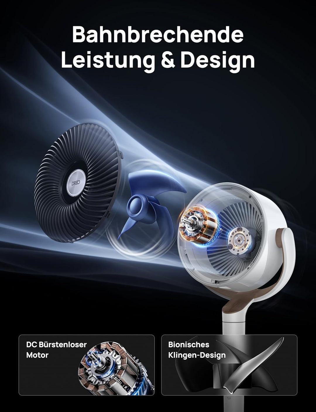 DREO 20dB leiser Standventilator, 120°+120° Omni-direktionale oszillierende Ventilator, 26M Windentf