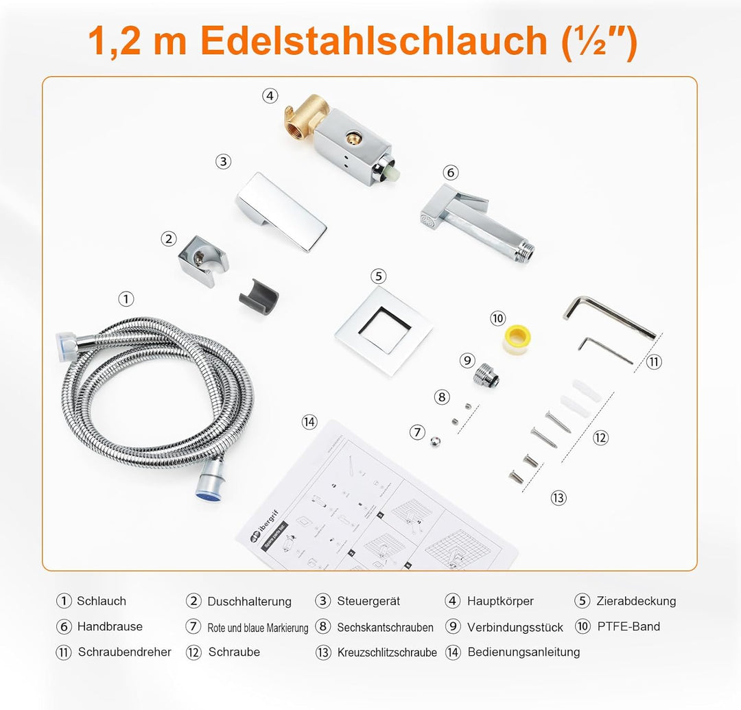 Ibergrif M22009 Unterputz-Einhebelmischer für WC & Bidet – Warm-/Kaltwasser, Handbrause mit Wandhalt