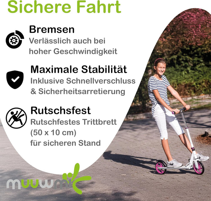 muuwmi Aluminium Scooter – Tretroller, 125 mm, ABEC 5, GS geprüft, höhenverstellbar grün/schwarz, gr