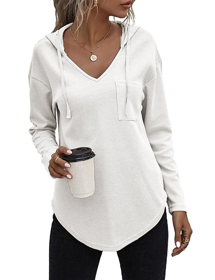 Pullover Damen Hoodie Langarm V Ausschnitt Pullover Sweatshirt Kapuzenpullover Einfarbig Drawstring