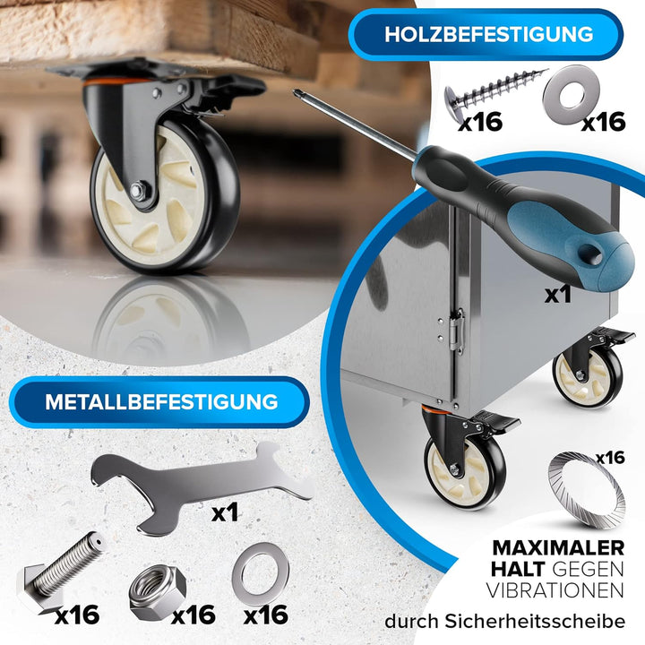 PEARWAY™ Premium Lenkrollen 125mm mit Bremse [4 Stk bis 680kg] inkl. Montagezubehör I Robuste Transp