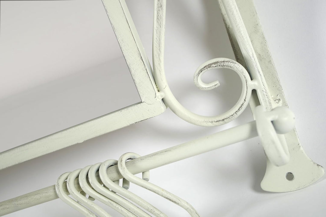Kobolo Garderobe Antik-Weiss mit Spiegel und 6 Haken Metall
