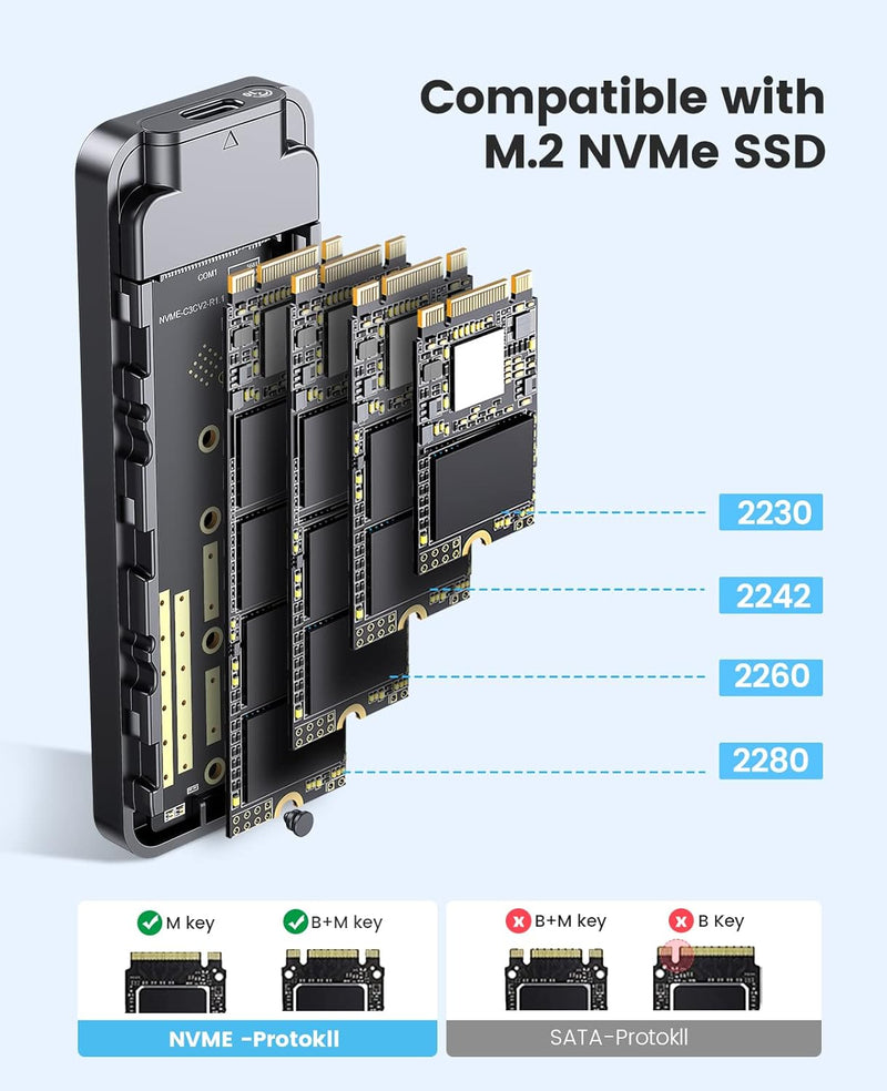 ORICO M.2 NVMe SSD Gehäuse USB-C Adapter 10Gbps USB3.2 Gen2 für PCIe NVMe M-Key/M+B Key SSD（2230/224