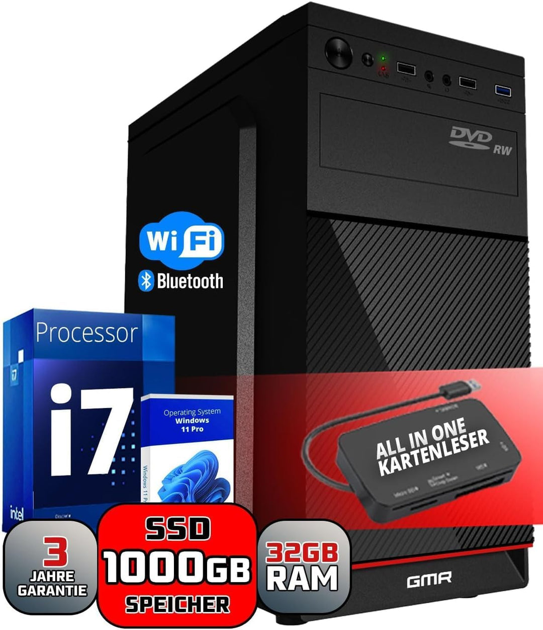 Desktop PC Mit Windows 11 Pro, Intel Core i7, 32GB RAM, 1024GB NVME SSD, 250 Watt Stromversorgung, H