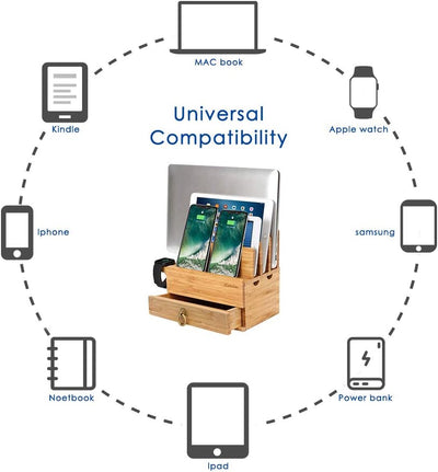 iCozzier 4 Slots Abnehmbarer Bambus-Uhrenständer Mit Schublade Ladestation für mehrere Geräte Dock f