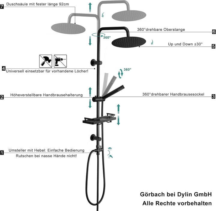 Görbach Regendusche Duschsystem mit Ablage,Wassersparend,Edelstahl Duschset ohne Armatur mit XL Kopf