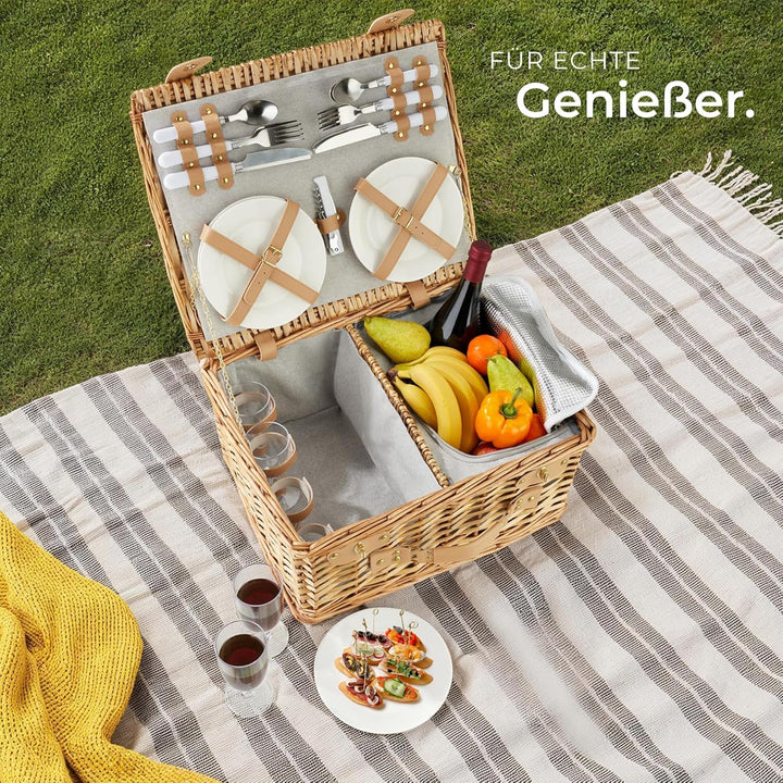 tectake® Picknickkorb 4 Personen, inkl. Kühlfach, befüllter Picnic Basket Weidenkorb für Ausflug, Ca