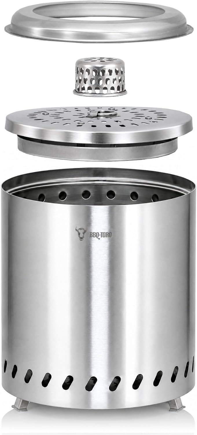 BBQ-Toro Edelstahl Feuerstelle raucharm | Silber, Ø 22 x (H) 25 cm | raucharmer Feuerkorb, Feuerscha