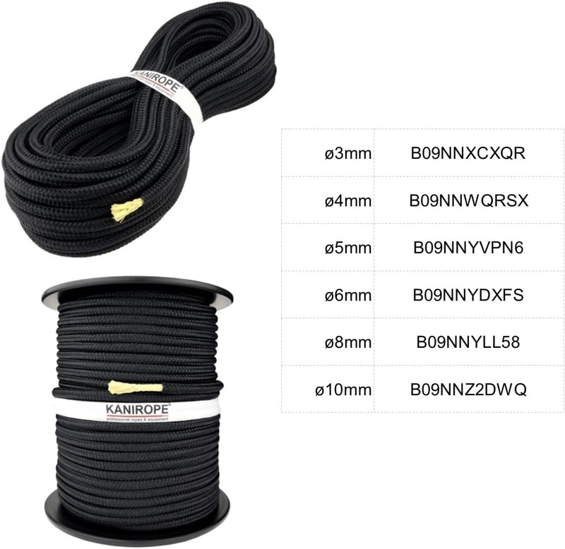 Kanirope® Polyesterseil mit Aramidkern Kevlarseil Seil PARABRAID 4mm 100m Schwarz geflochten, 100m