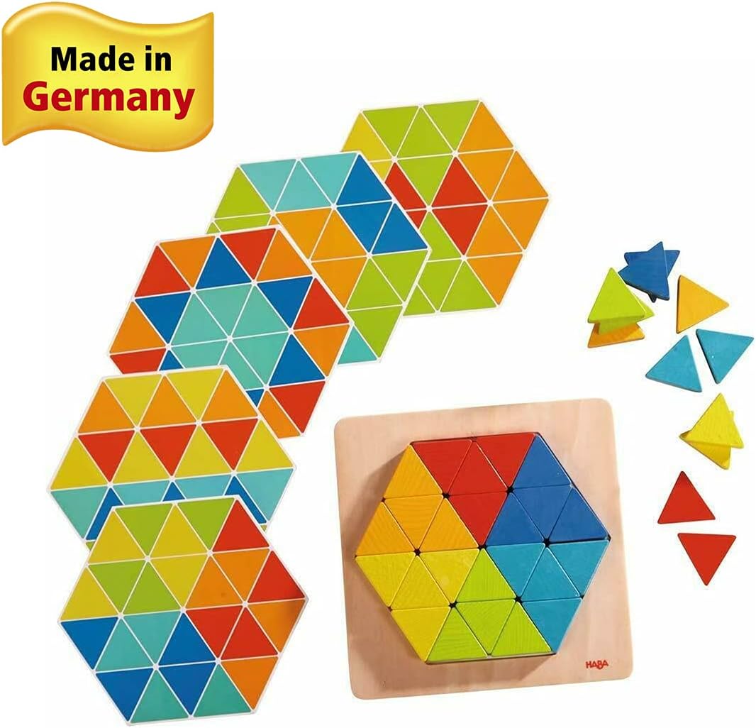 HABA 301703 - Legespiel Zauberdreiecke, Mit 36 Dreicken und 6 doppelseitig bedruckten Vorlagenblätte