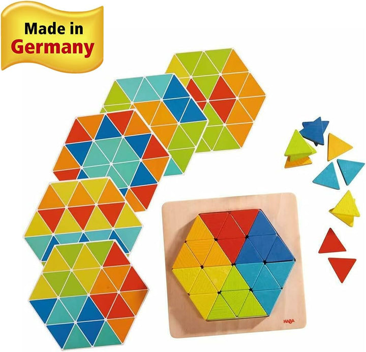 HABA 301703 - Legespiel Zauberdreiecke, Mit 36 Dreicken und 6 doppelseitig bedruckten Vorlagenblätte