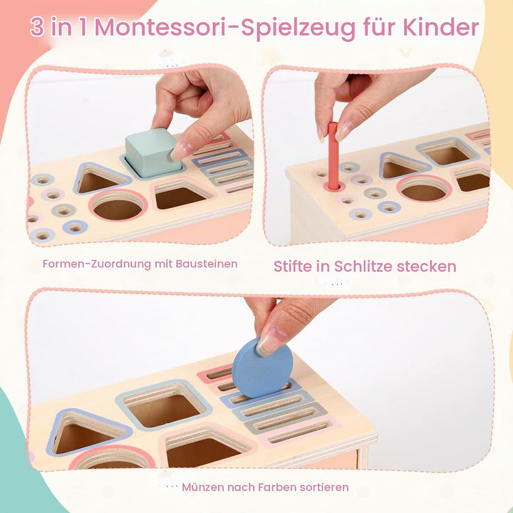 Montessori Spielzeug, 3-in-1 Holz Münzbox &amp; Ballbox Kinder Jungen Mädchen, Objektpermanenz Box, Farb