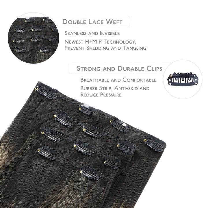 WENNALIFE Clip in Extensions Echthaar, 75g 5pcs 40cm Balayage Natürliches Schwarz bis Hellblond Exte