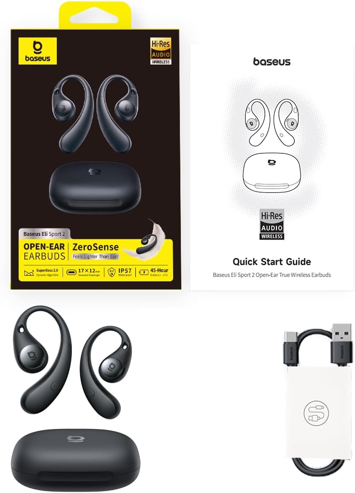 Baseus Eli Sport2 Open Ear Kopfhörer, Open Ear Headphones Sport mit S-Komfortkurve, 45H Playtime, Su