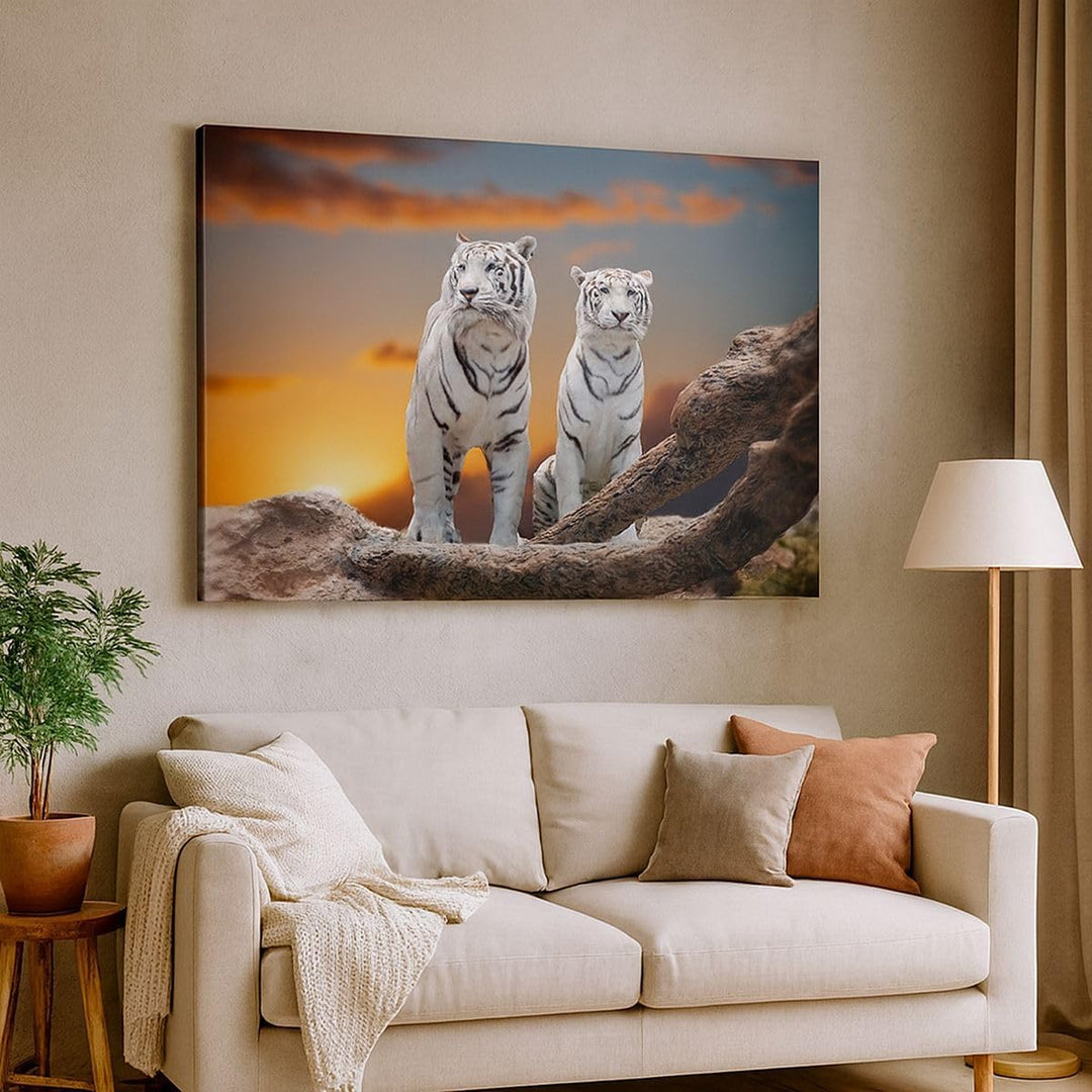 Bilder auf Leinwand 100x70cm Leinwandbild Tiger weiss Rock Sonnenuntergang Gross Wanddeko Bild Schla