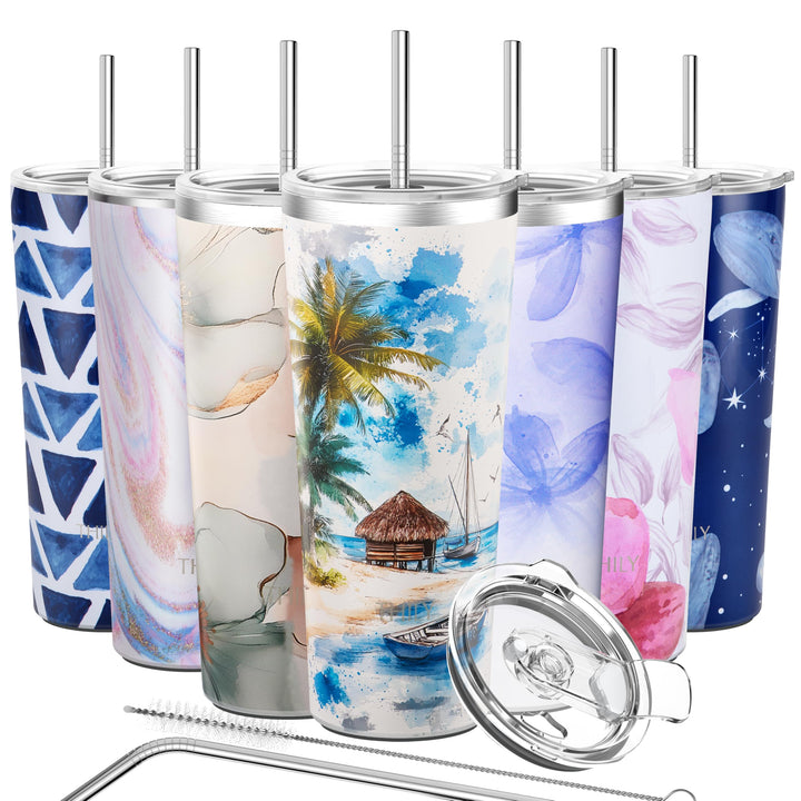 Vakuum-Isolierter Edelstahlbecher - THILY Reisebecher 780 ml Kaffeetasse mit 2 Deckeln und Strohhalm