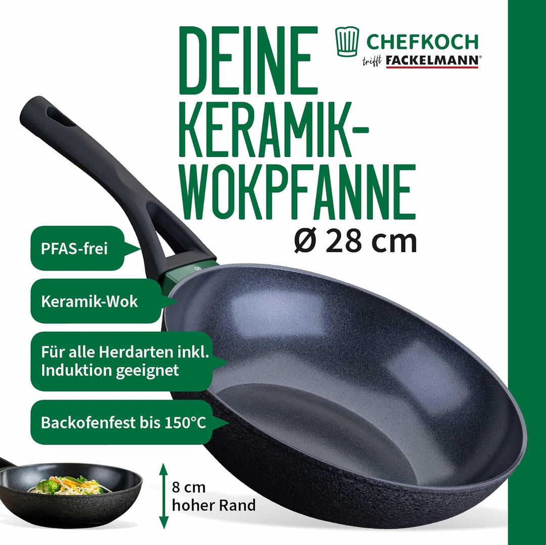 FACKELMANN Chefkoch trifft Keramik-Wokpfanne Hamburg Ø 28 cm – Hochwertige Antihaftbeschichtung, Erg