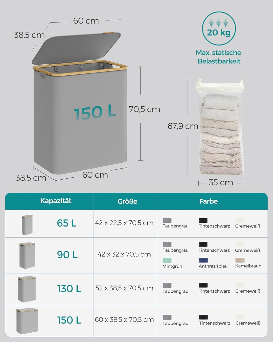 SONGMICS Wäschekorb mit Deckel, Wäschesammler mit 3 Fächern, 150 L, herausnehmbarer Wäschesack, Oxfo