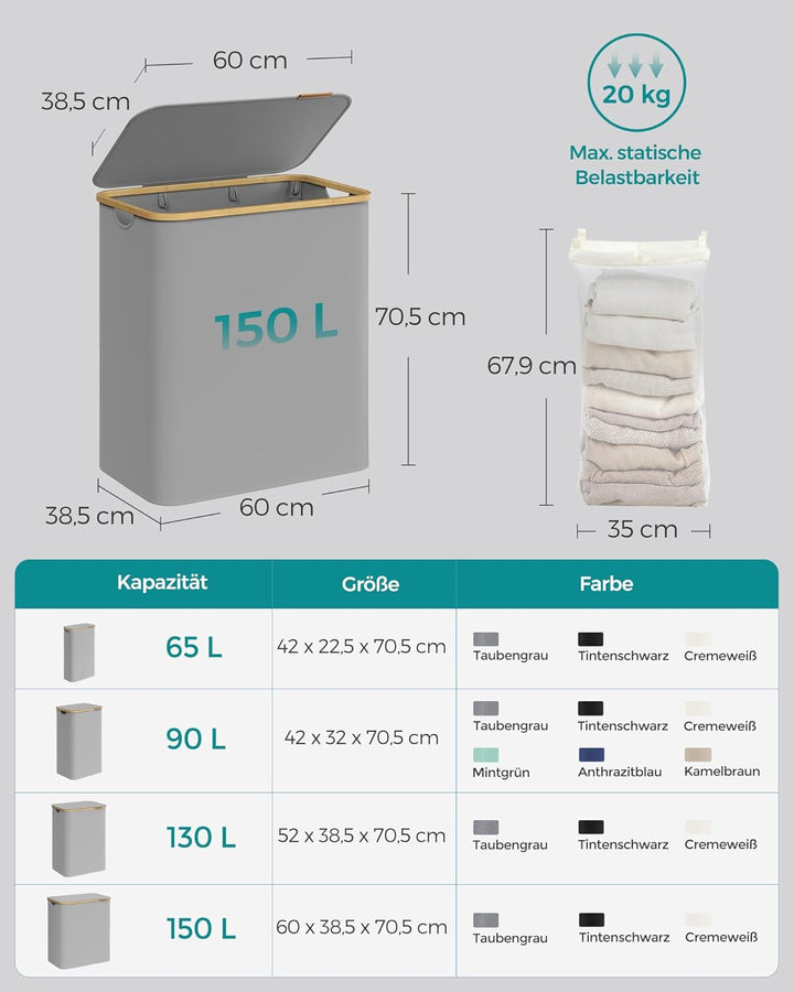 SONGMICS Wäschekorb mit Deckel, Wäschesammler mit 3 Fächern, 150 L, herausnehmbarer Wäschesack, Oxfo