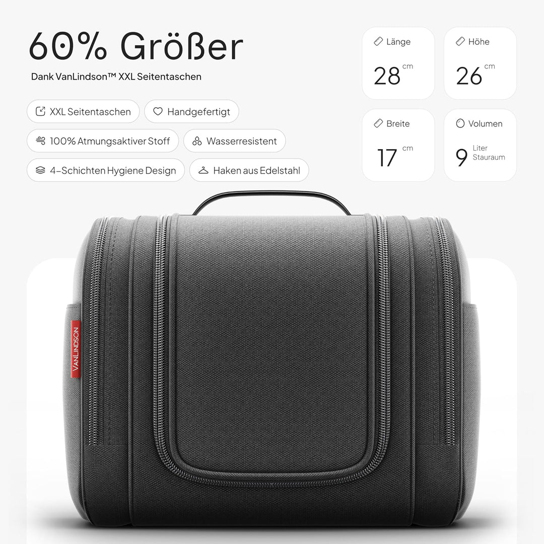 VanLindson Kulturbeutel XXL, 9 Liter Stauraum, 3-in-1 Kulturtasche zum Aufhängen für Damen, Herren u