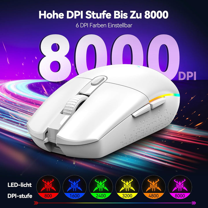 TECKNET Kabellose Gaming-Maus, RGB 2.4G/USB-C Kabelgebundene Gaming-Maus, 8000 DPI Wiederaufladbar,