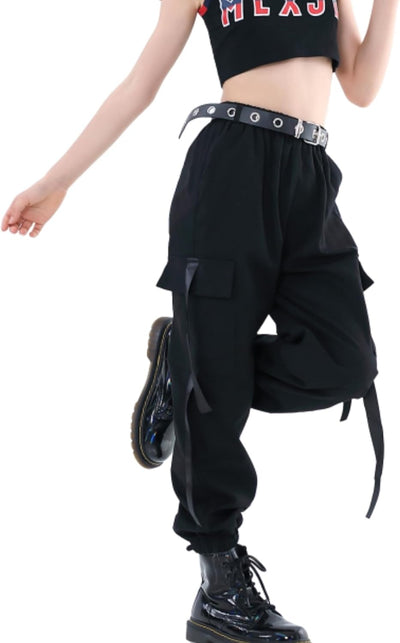 Kinder Cargo Hose Elastische Taille Jogger Hose für Jungen Mädchen Street Hip Hop… Schwarz 134-140,