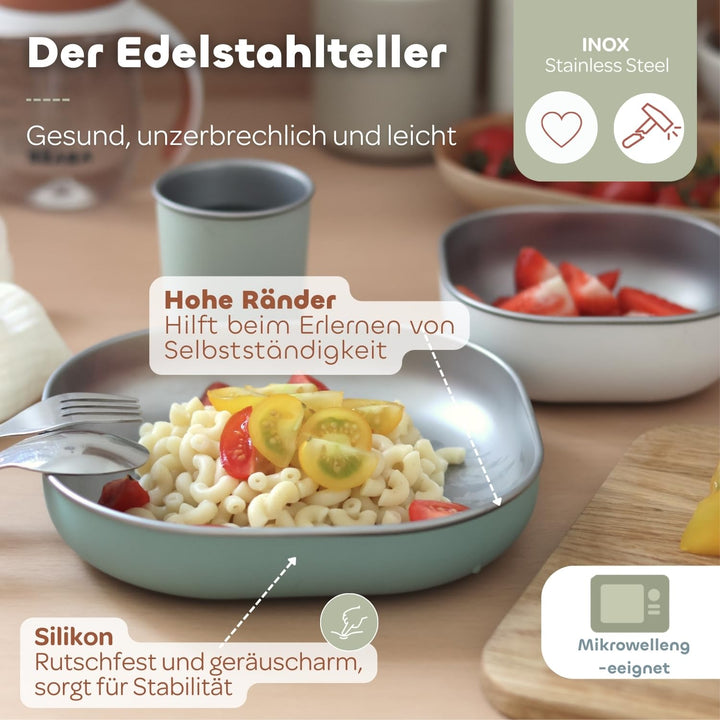 BÉABA Baby-Essensset Geschenkset ab 4 Monaten – Edelstahl-Teller mikrowellengeeignet, Ergonomisches
