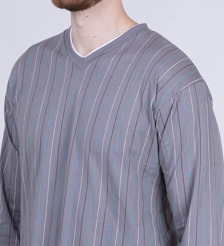 Moonline - Herren Schlafanzug lang aus 100% Baumwolle mit V-Ausschnitt und Streifen-Design M Streife