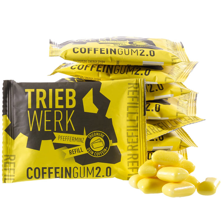 TRIEBWERK Koffein Kaugummi, 50mg Koffein pro Gum, Pfefferminz-Geschmack, 100 Stück, +Vitamin B12 (10