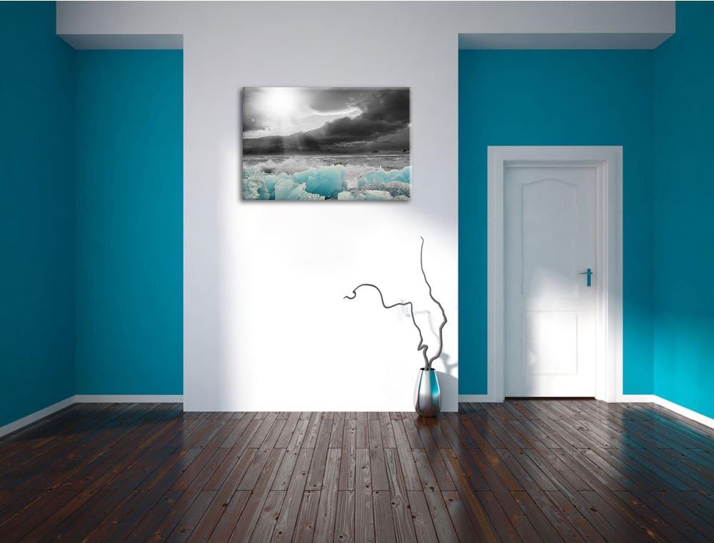 blaues Polareis an der Küste schwarz/weiss Format: 100x70 auf Leinwand, XXL riesige Bilder fertig ge