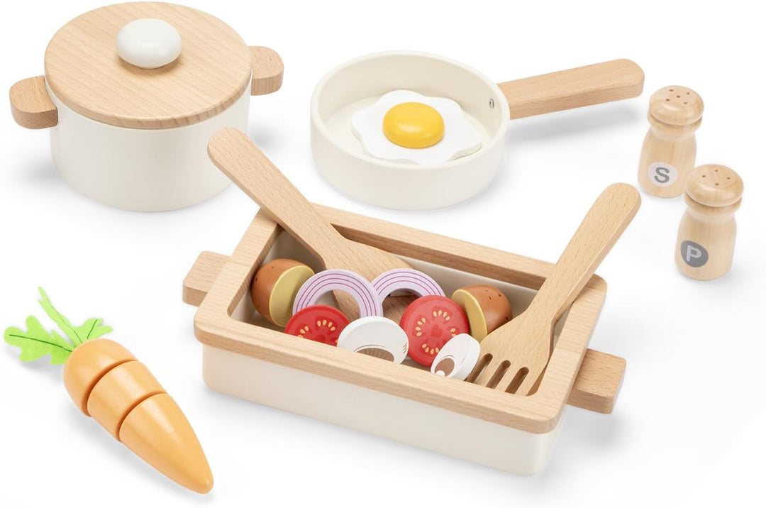 Woet Holz-Kochset mit Töpfen, Pfanne und Spielessen, 20 Teile
