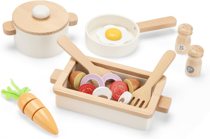 Woet Holz-Kochset mit Töpfen, Pfanne und Spielessen, 20 Teile