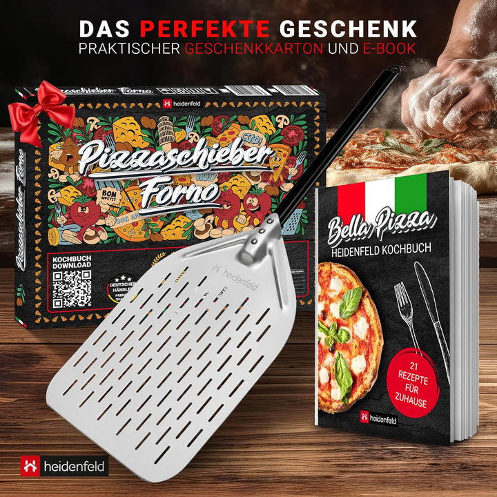 Heidenfeld Premium Pizzaschieber Forno | Pizzaschaufel perforiert - Grosse Fläche 34.0 x 33.0 cm - S