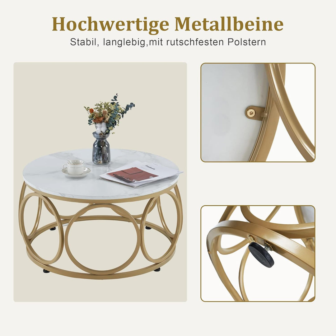 M MCombo Couchtisch Rund Holz, Modern Sofatisch Marmor Weiss Gold, Klein Kaffeetisch Metallgestell,