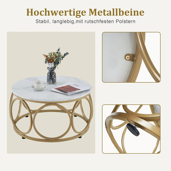 M MCombo Couchtisch Rund Holz, Modern Sofatisch Marmor Weiss Gold, Klein Kaffeetisch Metallgestell,