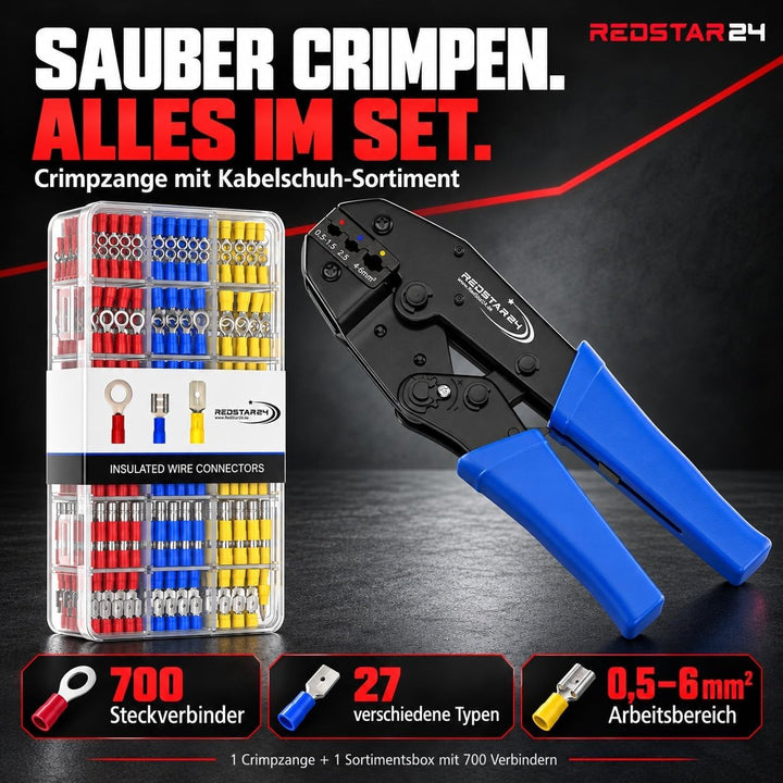 Crimpzange Kabelschuhe Set inkl. 700 Stück Steckverbinder, Quetschverbinder, Flachstecker, Flachstec