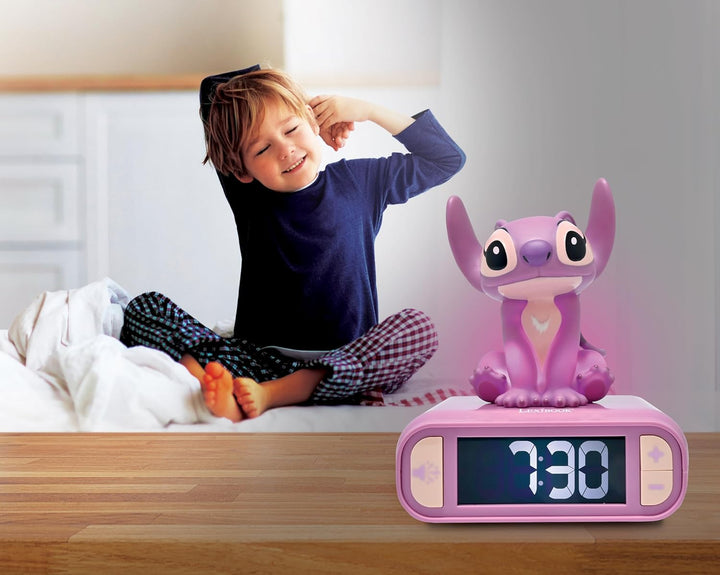 Lexibook, Disney Stitch, Angel Nachtlicht-Wecker, Töne und Melodien, hintergrundbeleuchteter LCD-Bil