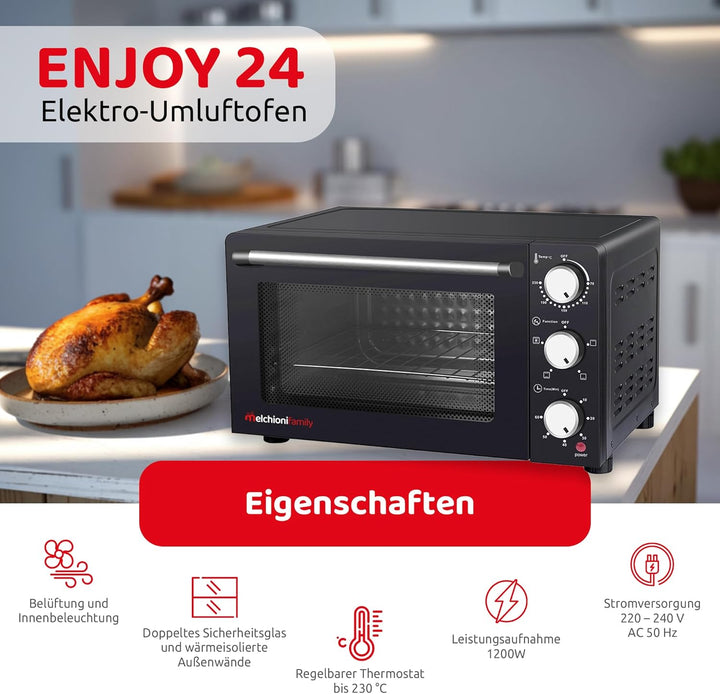 Melchioni family ENJOY 24 Elektro belüfteter Ofen 24 Liter, Legierter Stahl, 24 liters, Schwarz