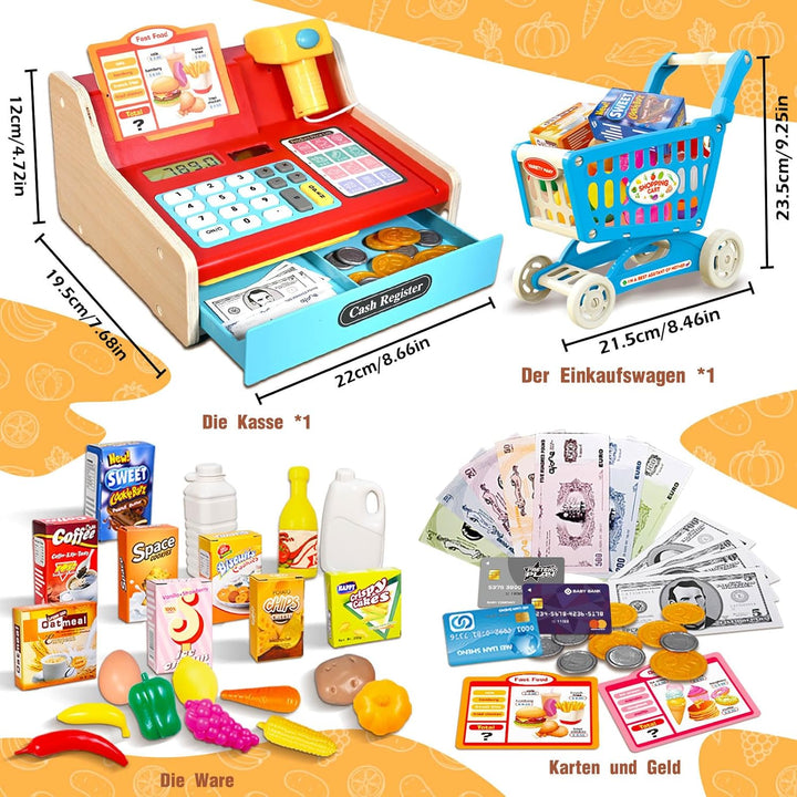Kasse Kinder Holz mit Scanner und Sound, Spielkasse Kinder Set für Jungen Mädchen ab 3-6 Jahren, Ele