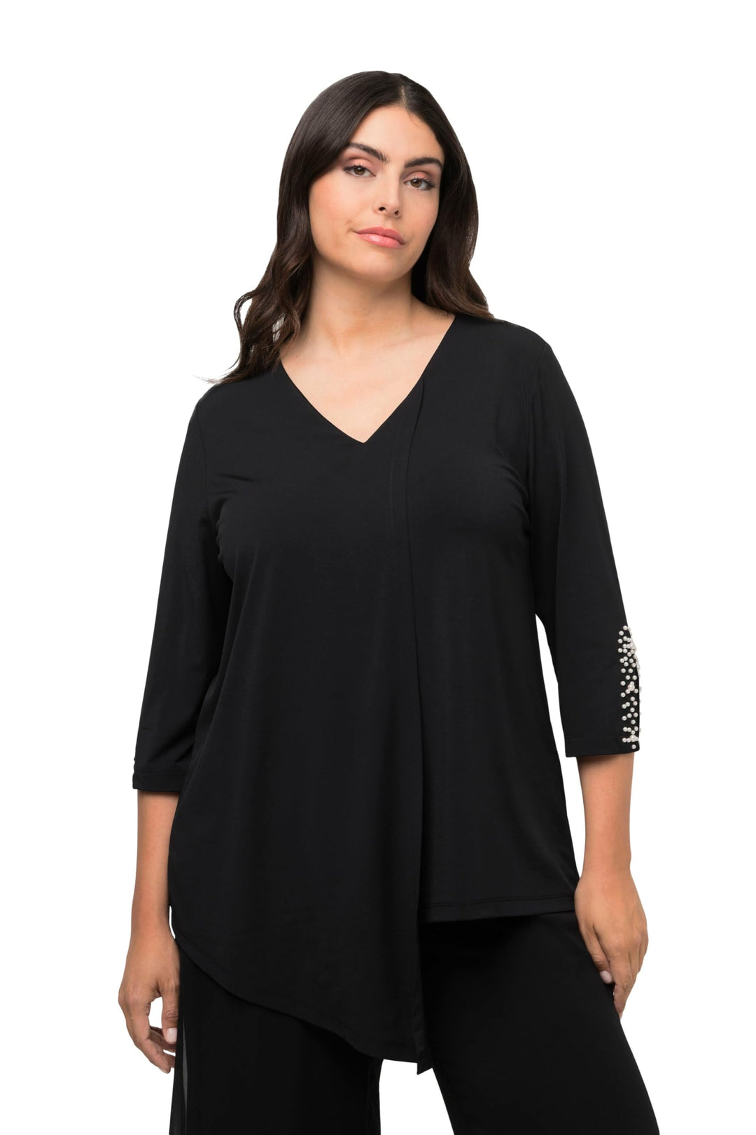 Ulla Popken Damen Asymmetrische Perlendetail Am Ärmel Bluse 50-52 Schwarz, 50-52 Schwarz