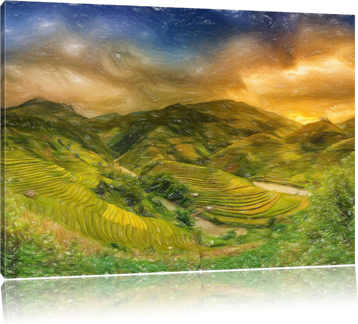 Pixxprint Berg Farm in Asien / 100x70cm Leinwandbild bespannt auf Holzrahmen/Wandbild Kunstdruck Dek