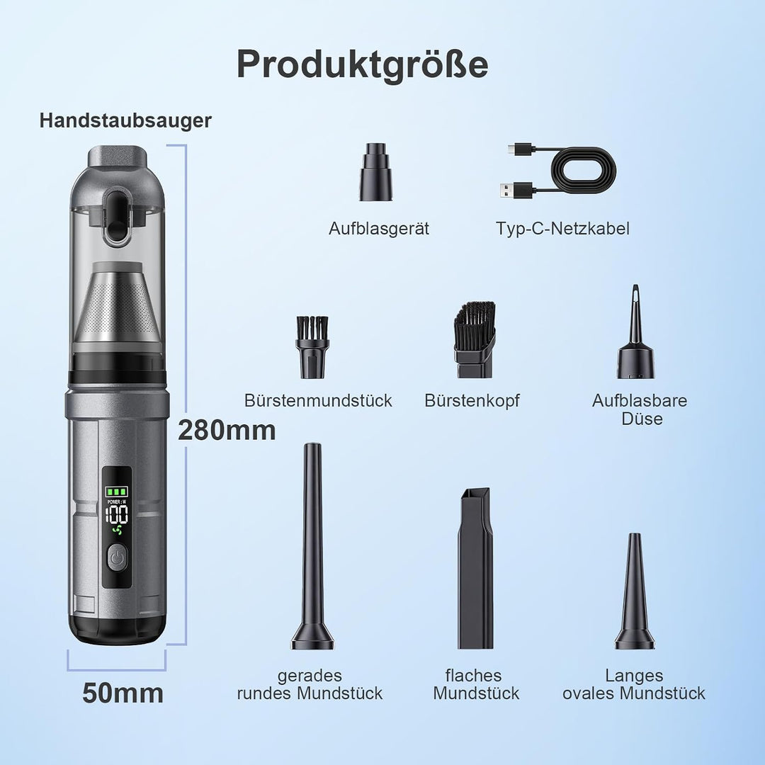 Handstaubsauger, 26000 Pa 4-In-1 Mini Staubsauger Akku Kabellos mit Digitalanzeige 1-Knopf-Selbstent