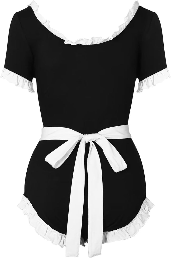 Landofgenie Damen Schwarz Langarm Baumwolle Bodysuit Onesie Pyjamas Maid Outfit Schwarz S, Schwarz S