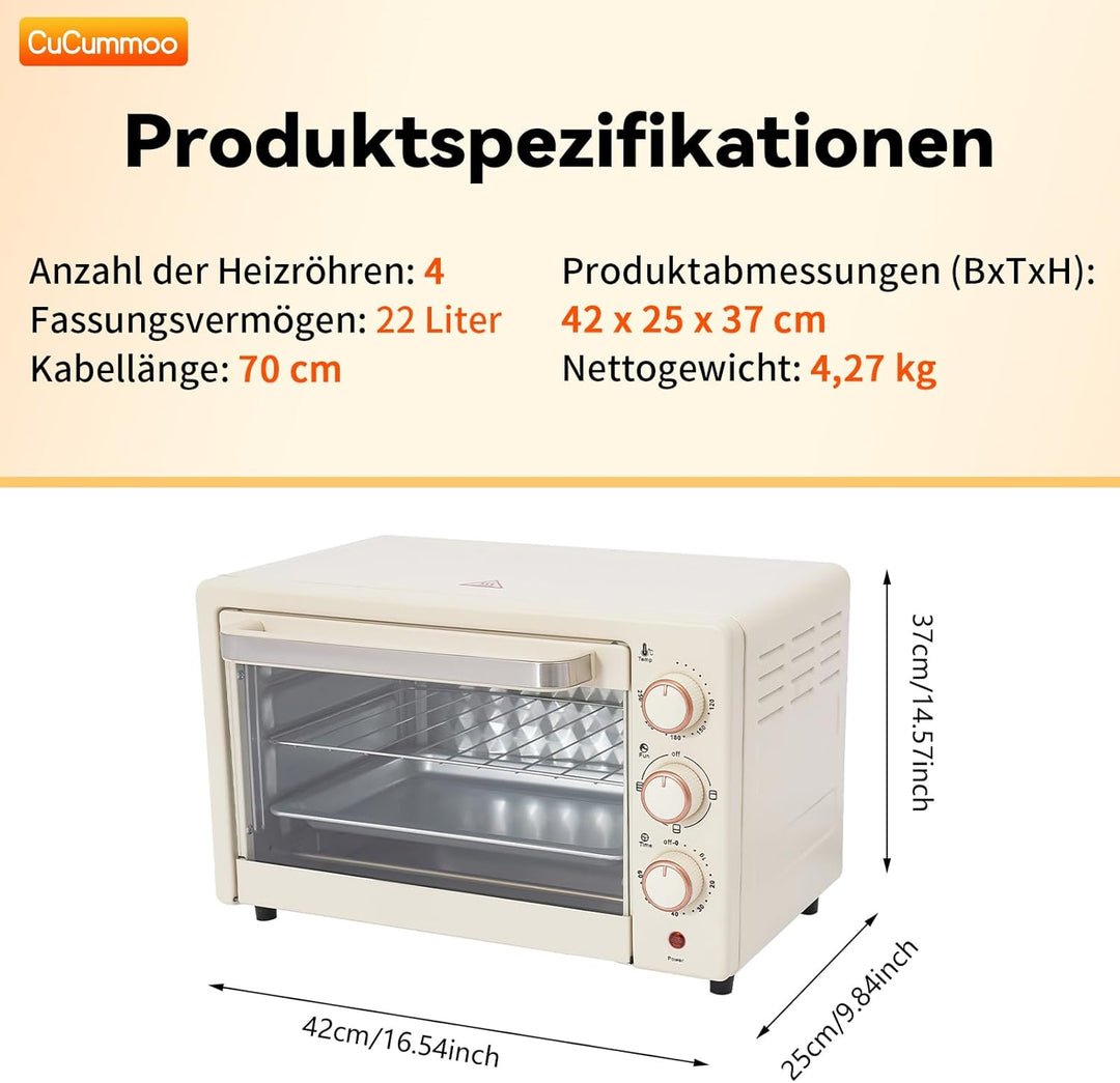 22 L Minibackofen, Klein mini Backofen mit Grillpfanne & Grillrost, 1000 W, 60Mins Timer, Pizza-Ofen