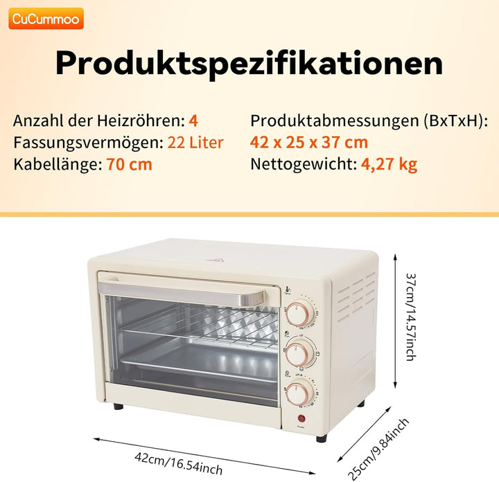 22 L Minibackofen, Klein mini Backofen mit Grillpfanne & Grillrost, 1000 W, 60Mins Timer, Pizza-Ofen