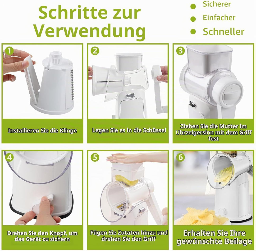Gemüsereibe mit Kurbel, dellyy 5 Klingen Sets, Edelstahl Trommelreibe, Verstecktes Aufbewahrungsfach
