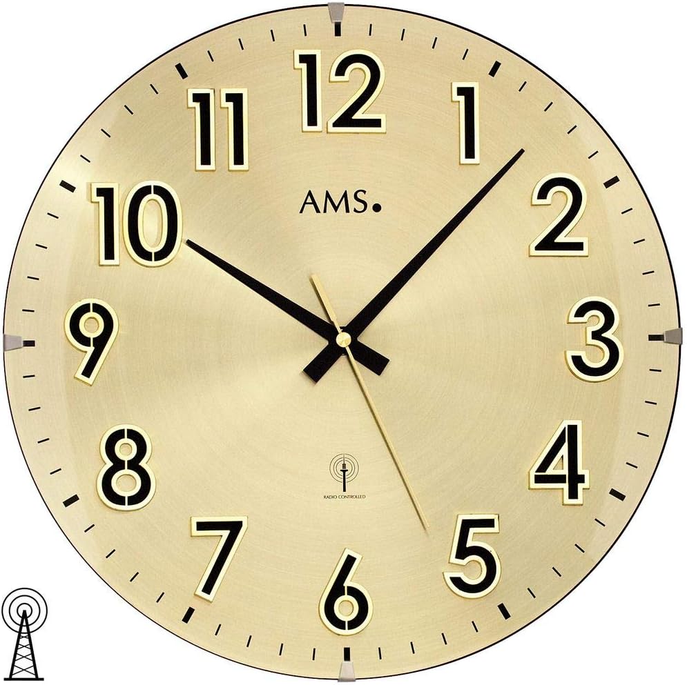 AMS 5974 Wanduhr Funk Funkwanduhr Analog Messing Farben Golden mit Glas