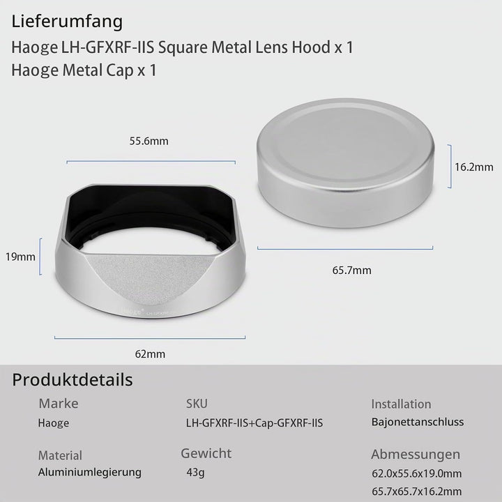 Haoge Gegenlichtblende aus Metall, quadratisch, für Fujifilm GFX100RF Kamerazubehör LH-GFXRF-IIS + C